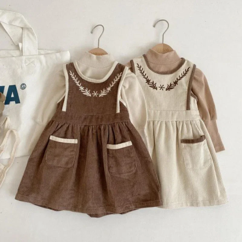 2026 Vinatge Baby Corduroy Sleeveless Dress Little Girls Sundress and Long Sleeve Tops Autumn Winter  Two Piece Set Children