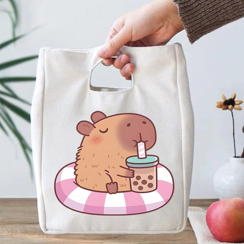 Canvas Lunch Bags Students Cute Capybara Drinking Boba Tea Print Portable Bento Bags Kids Kawaii Cartoon Capybara Gift Lunch Bag