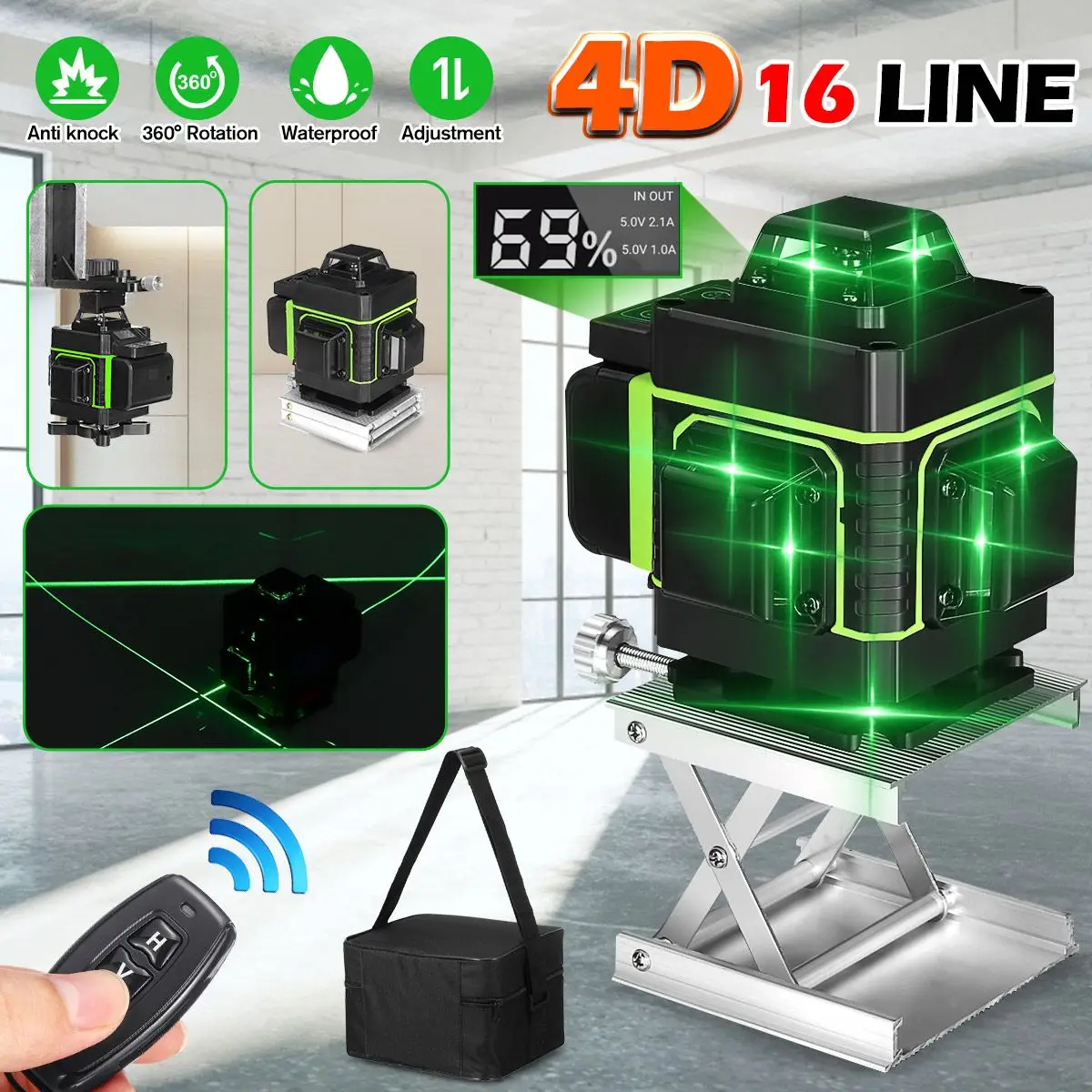 

4D 16 Lines Green Laser Level Horizontal Vertical Cross Lines 360 Degree Auto Self-Leveling High Precision Level 110-220V