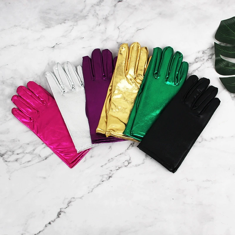 Shiny Metallic Short Gloves Women Full Finger Dance Gloves Nightclub Party Stage Performance Cosplay Accessories