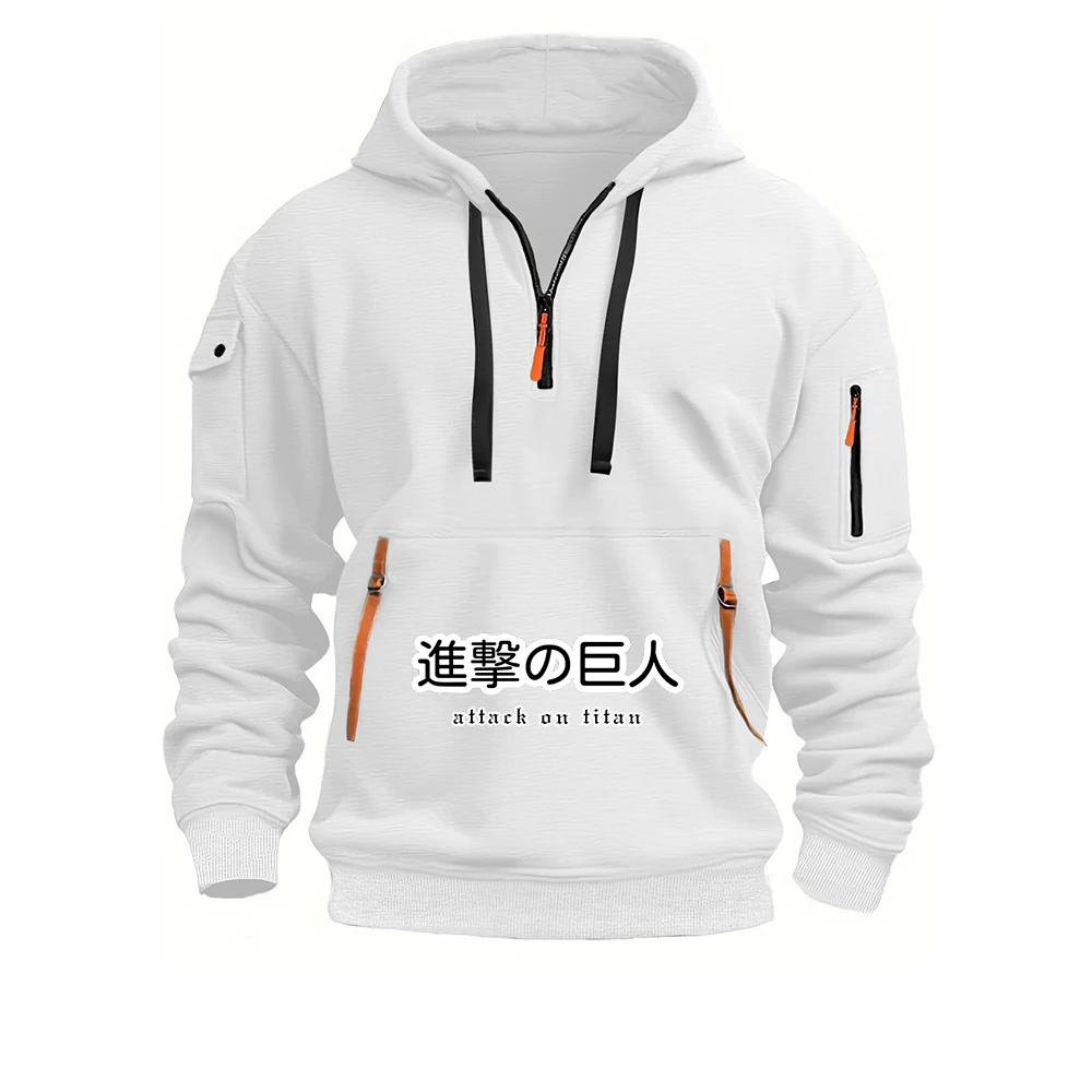 Attack on Titan 2025 Spring Autumn New Men's Sports Half Zipper Arm Pocket Loose Casual Sweatshirt Shoulder Hooded Pullover