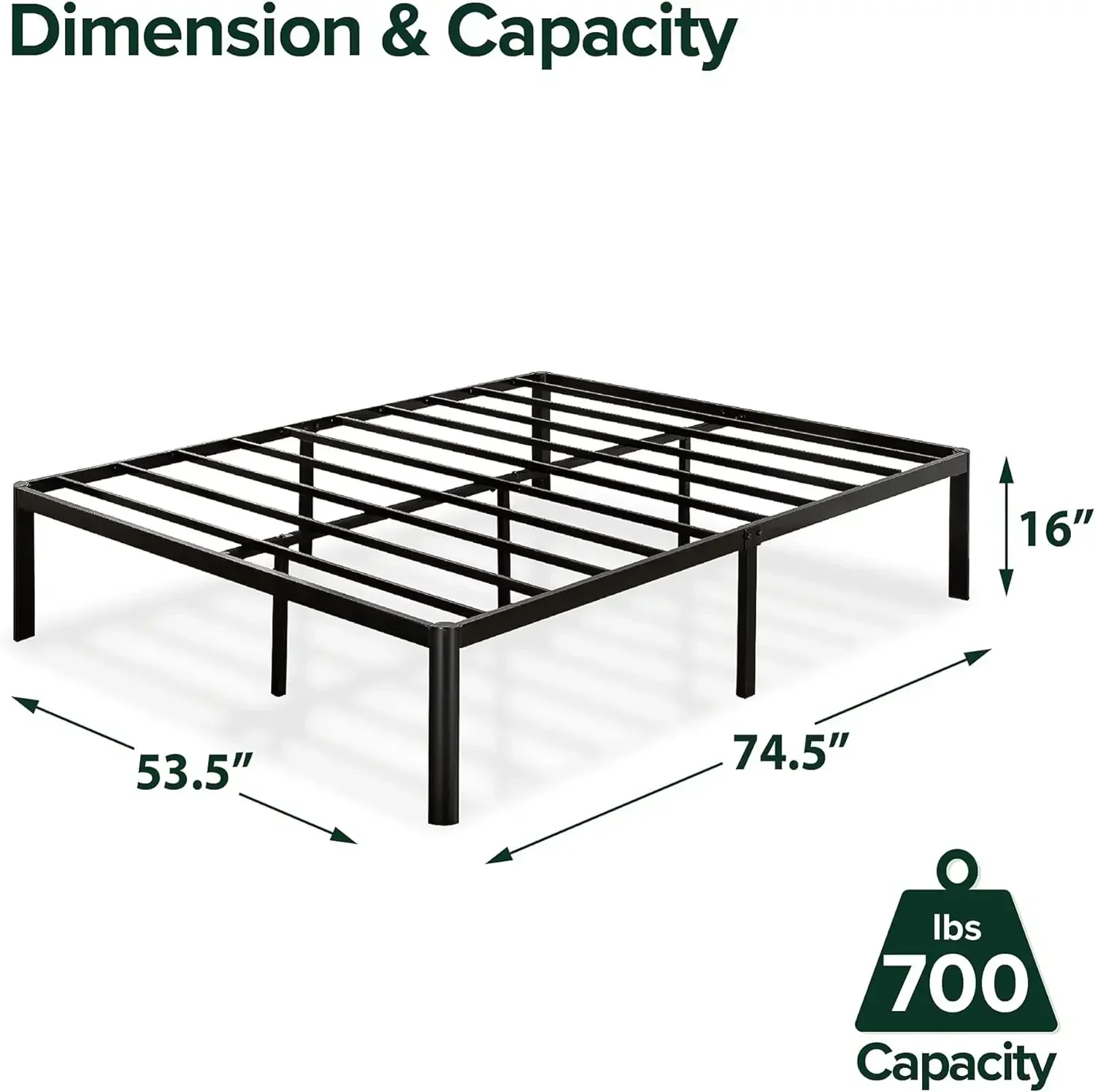 Full size-16 Inch Metal Platform Bed Frame / Steel Slat Support / No Box Spring Needed / Easy Assembly, Black