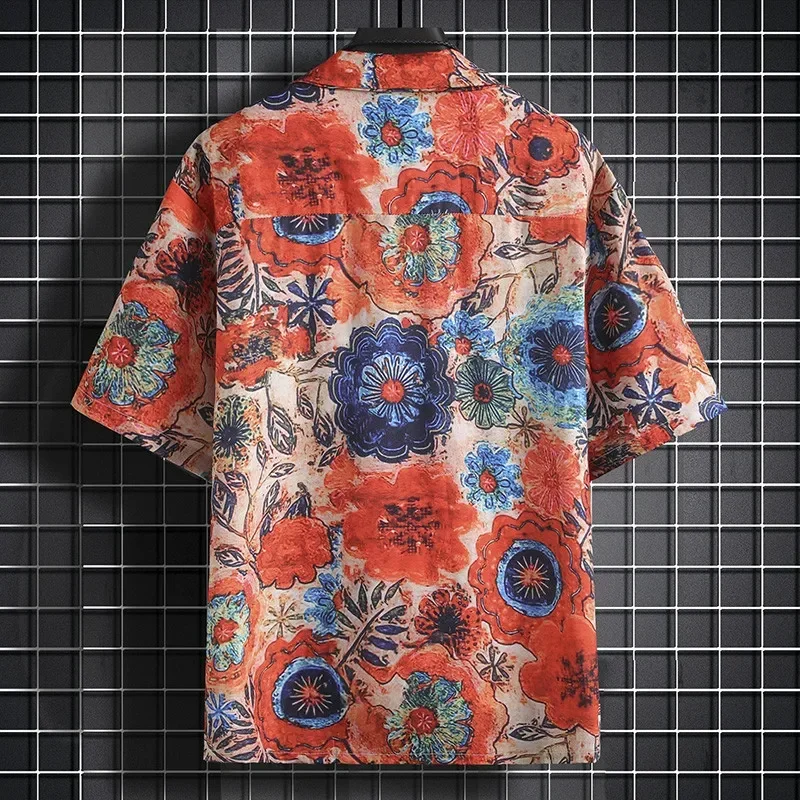 Red Cuban Collar Shirt, Men's Short Sleeved Beach Top, Party Personalized Clothing