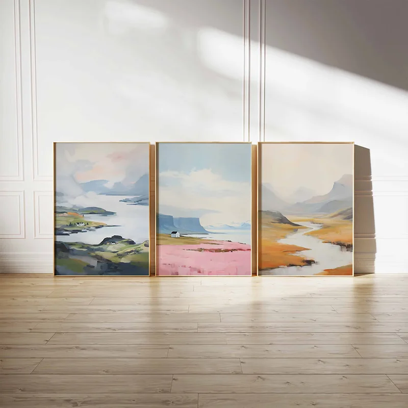 3PCS Nordic Mountain Lake Landscape Canvas Print, Oil Painting Valley Cottage Art For Living Room Wall Decoration