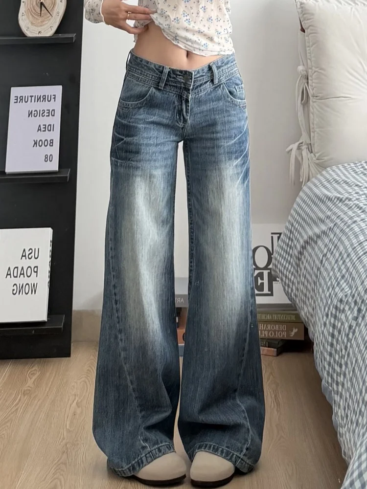 

plus Size American Style Bell Bottom Jeans Women's Loose Straight Leg Floor Length Pants Casual Wear High Waist Denim