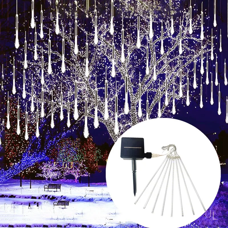 1 confezione da 30cm/50cm 8 tubi Meteor Shower Rain String Lights luci solari impermeabili per la festa di nozze di natale all\'aperto in giardino