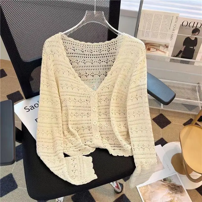 Summer New Thin Coat Knitted Cardigan Women Solid V-neck Patchwork Button Long Sleeve Short Hollow Out Sunscreen Shawl Thin Top