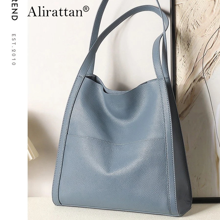 Alirattan 2025 New Women's Cowhide Commuting Bag Genuine Leather Large Capacity Bucket Bag 2024 New Single Shoulder Handbag