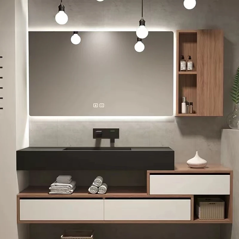 

Solid wood bathroom cabinet combination rock slab bathroom sink face wash sink Japanese modern simple wall-mounted