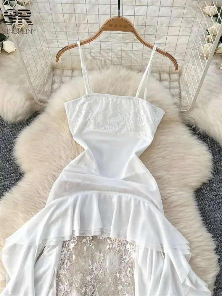 BabYoung ไม่สม่ําเสมอ Ruffles ผู้หญิงแขนกุด Slim SHEER Design ลูกไม้ Splice ฤดูร้อนพื้นฐานเซ็กซี่ Sundress
