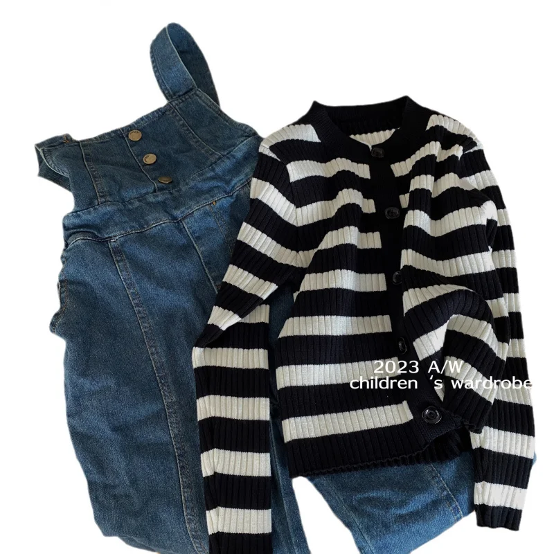 Children's Clothing Autumn New Girls Striped Knitted Cardigan Fashionable Retro Denim Suspender Pants Set