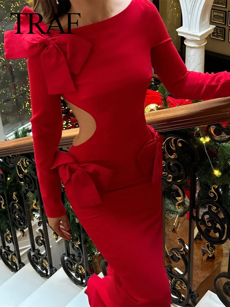 TRAF Fashion Women\'s Sexy Elegant Red Bow Stylish Long Sleeve Dress Bow Backless Sweet Decoration Ladies Party Dresses