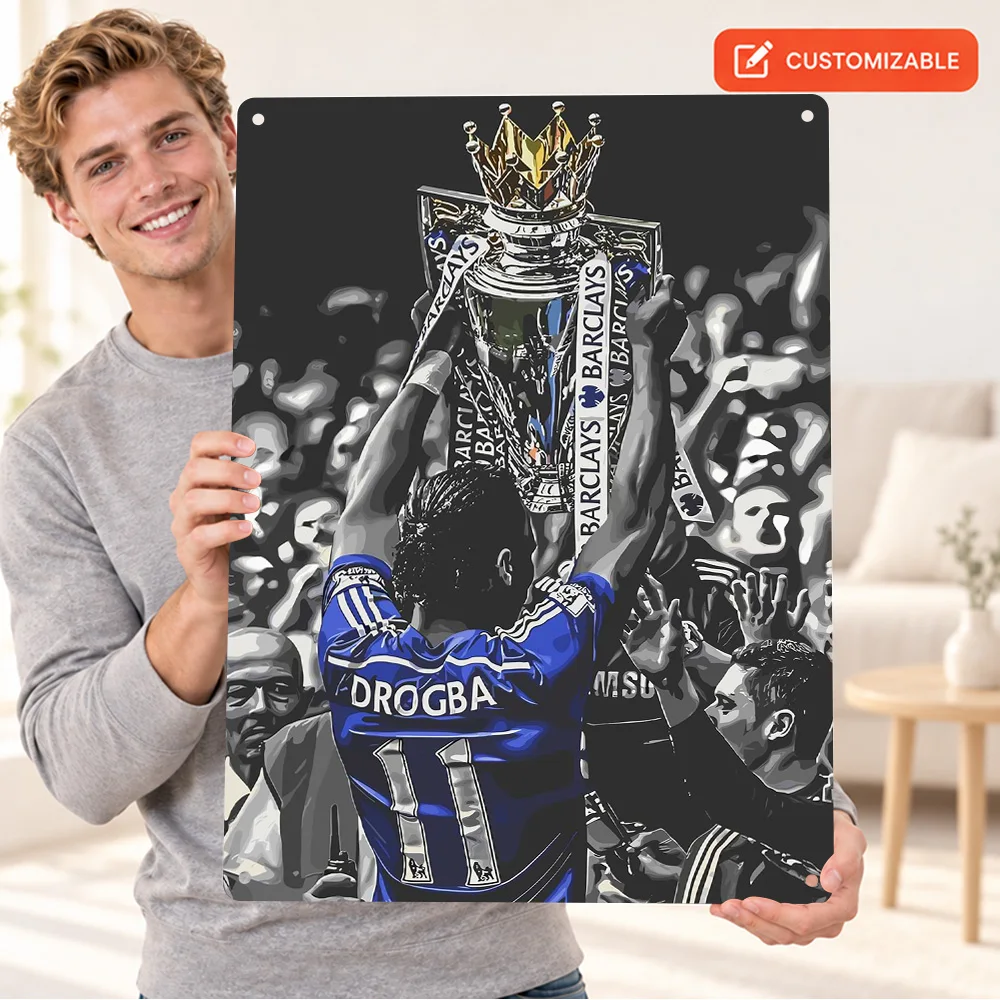 Didier Drogba Lifting The Premier League Trophy Aluminum Poster Personalized Metal Sign Selective Color Wall Art For Game Room
