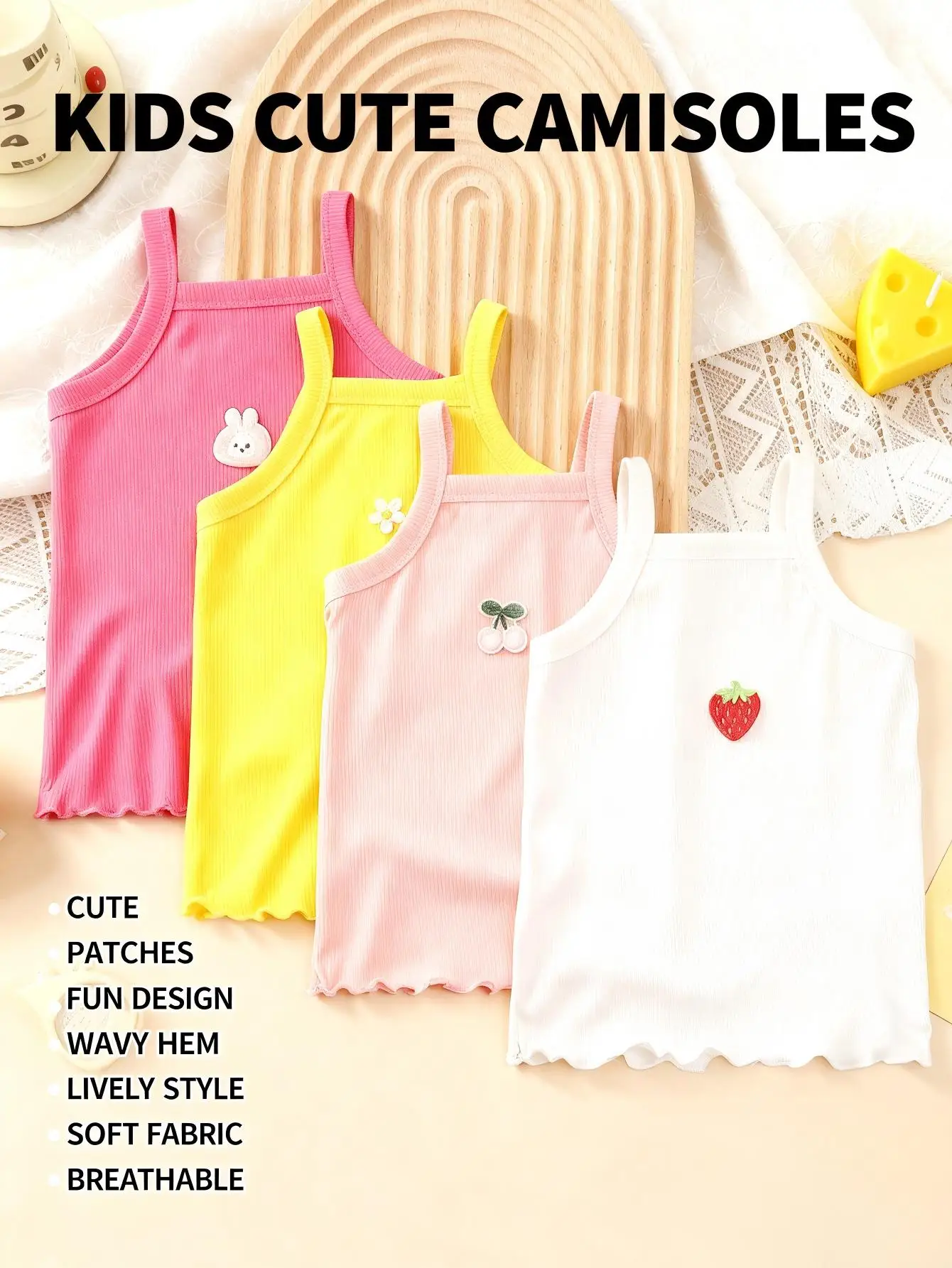 Girls Ribbed Tank Top Fruit Embroidery Cami Vest Polyester Spandex Soft Breathable Summer Sleeveless Undershirt for Kids 2-11Y