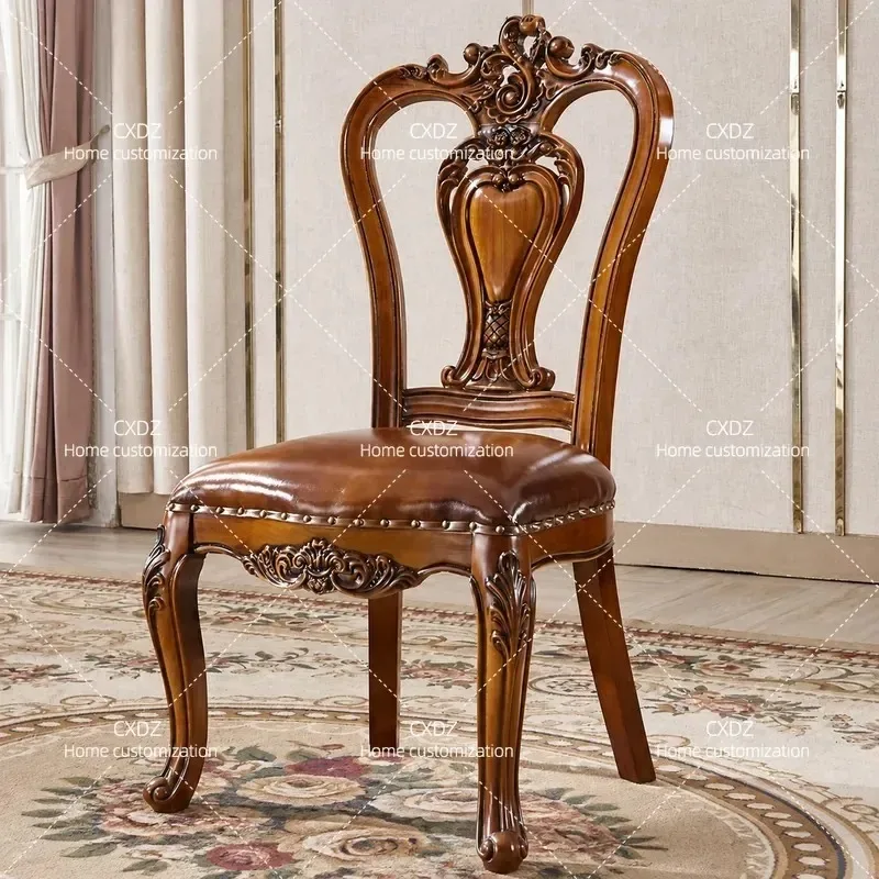 European Style Solid Wood Oak Leather Dining Chair Double Sided Carved Retro Desk Chair for Hotel Home Luxury Furniture