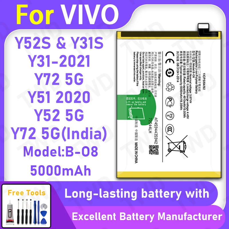 100% New 5000mAh B-O8 Battery For VIVO Y52S/Y31S/Y31 2021/Y72 5G Replacement Bateria+Free Tools