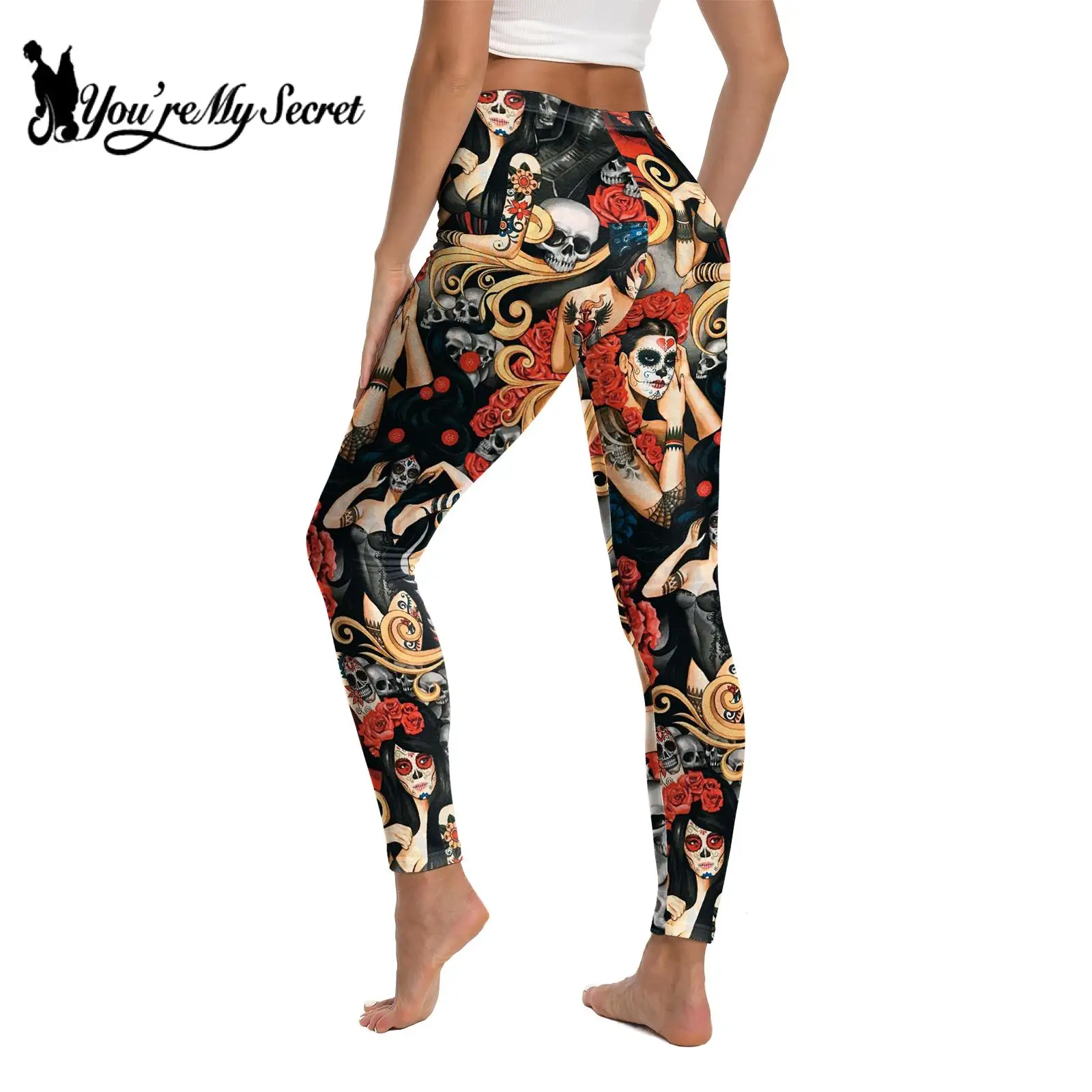 [You\'re My Secret] Women\'s Leggings Halloween Day of The Dead Skull Rose 3D Print Pants Skinny Stretchy Elastic Workout Trousers