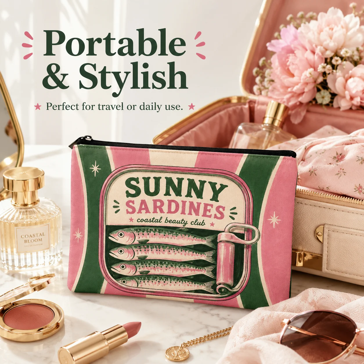 Vintage Sardine Canvas Makeup Bag for Women Retro Fish Print Cosmetic Pouch with Zipper Travel Toiletry Beauty Storage Bag
