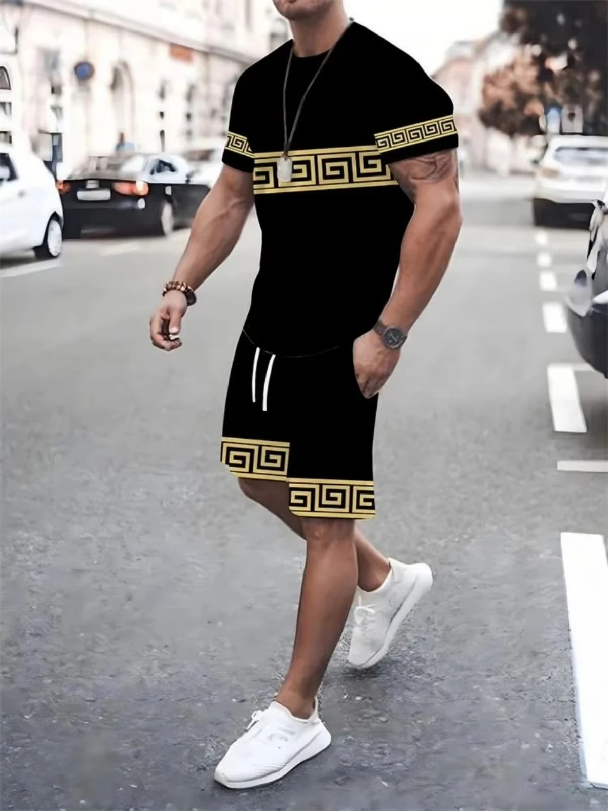 

Letter Stripe Print Men Spring and Summer Two Pieces Set Casual Round Neck Short Sleeve T-shirt Shorts Sport Suit Print Clothing