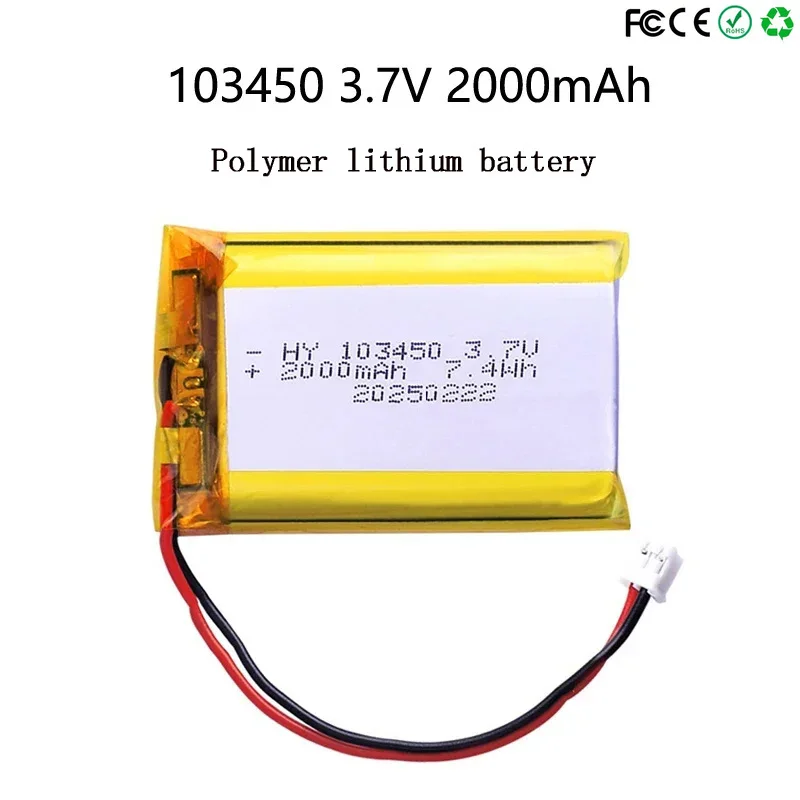 

103450 3,7 в 2000 мА/ч полимерная литиевая аккумуляторная батарея jst PH 2,0 мм 2-контактный разъем для камеры GPS навигатора MP5 Bluetooth гарнитура