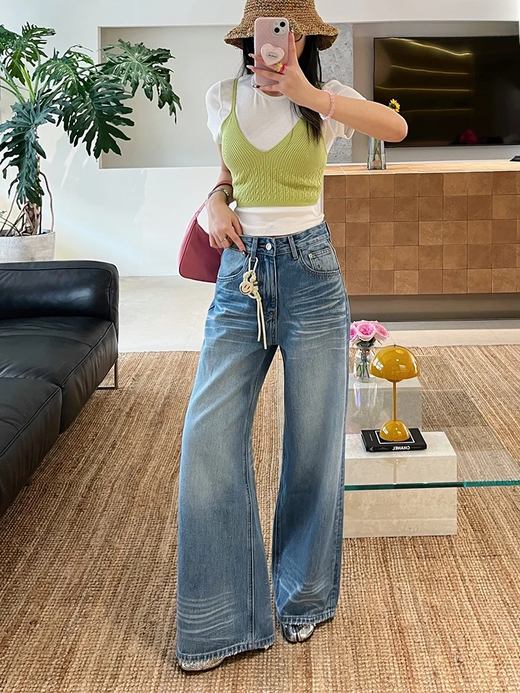 

High Waist Straight Leg Denim Jeans Women's Spring 2026 Wide Leg Pants Laser Washed Floor-Length Loose Fit No Stretch