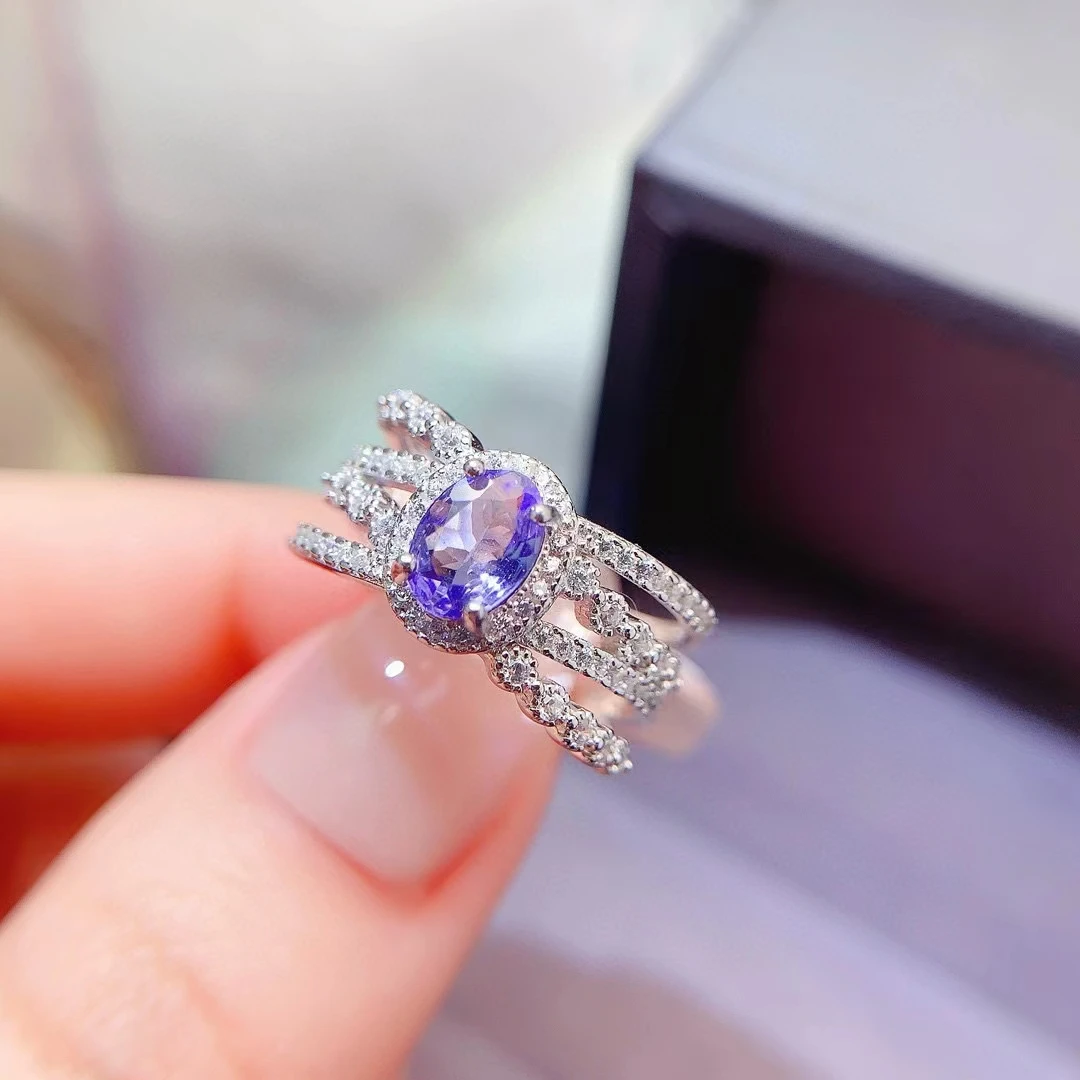 

Design Style 925 Silver Tanzanite Ring for Party 5mm*7mm 0.7ct Natural Tanzanite Silver Ring with 3 Layers 18K Gold Plated