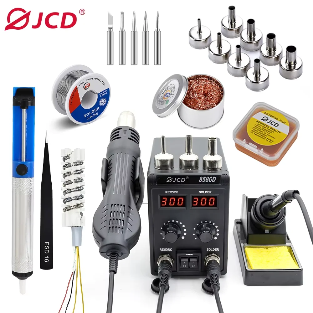 JCD 750W Soldering Station with 2-in-1 Hot Air Gun LCD Dual Digital Display Electric Soldering Iron for SMD Welding And Rework 8586D
