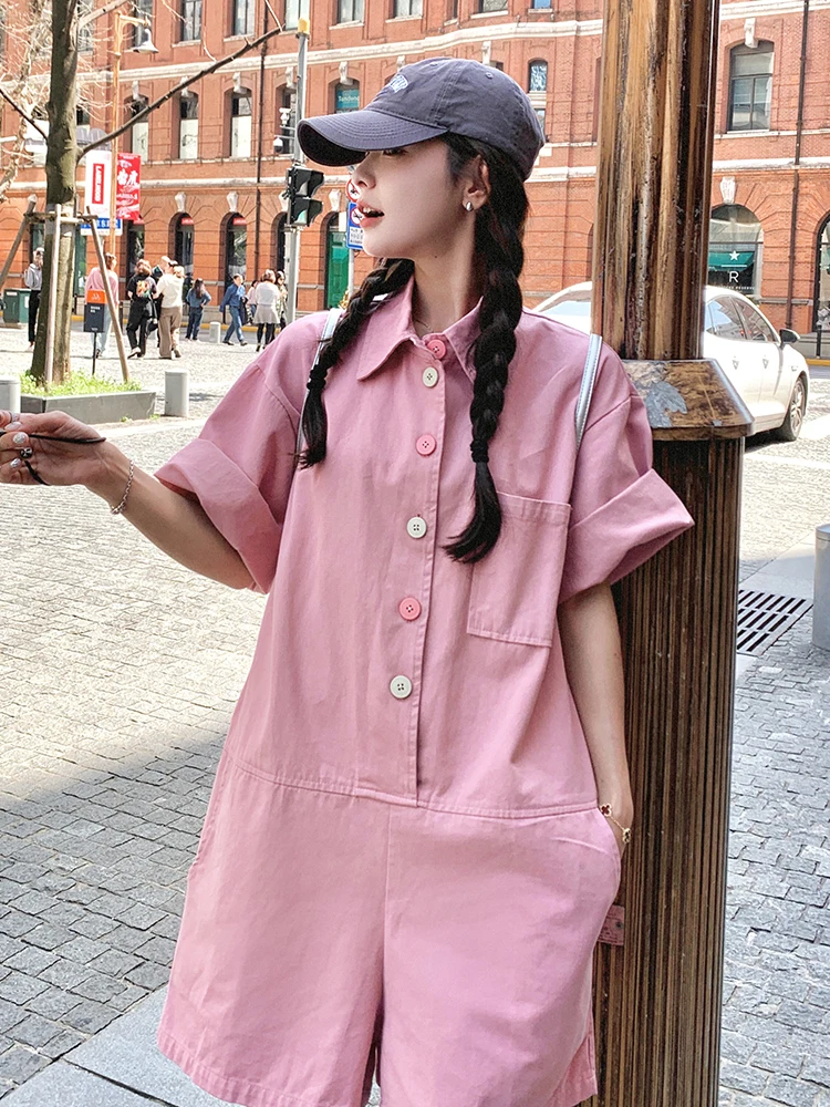 

Модный розовый комбинезон в корейском стиле, женский летний комплект одежды, шорты с высокой талией, повседневный рабочий костюм