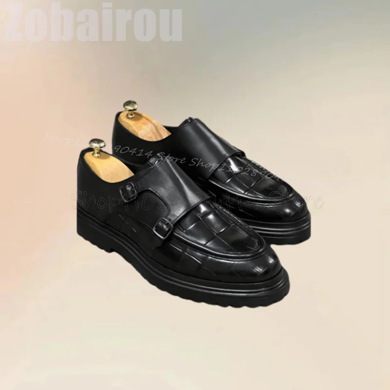 

Black Alligator Print Buckle Decor Double Monk Loafers Fashion Slip On Men Shoes Luxury Handmade Party Banquet Men Casual Shoes