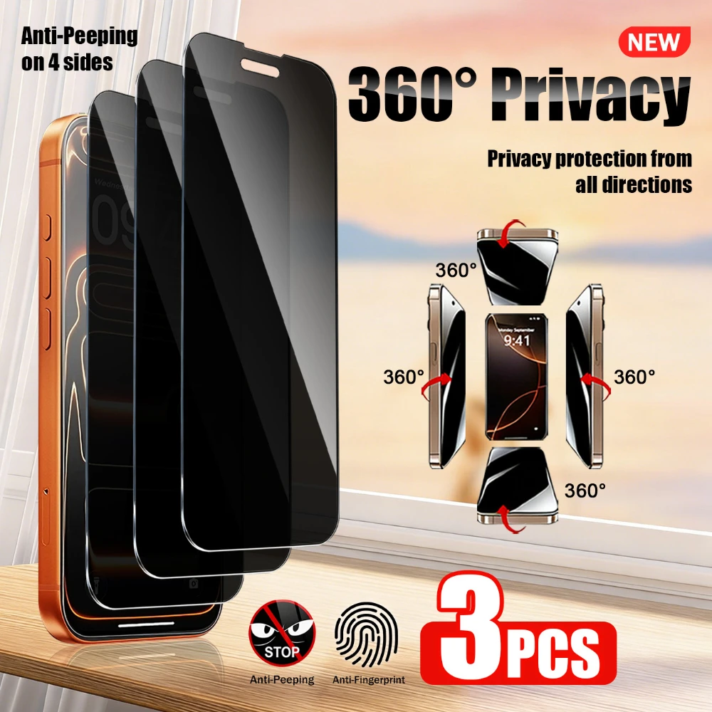 

NNBILI 3Pcs 360 Degrees Four Sided Privacy Protection Tempered Glass Screen Protectors Designed for iPhone 17 16 15 14 Pro Max