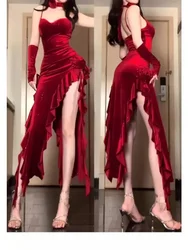 Red Rose Elegant One Piece Dress Women Sleeveless Y2k Designer Long Dress Female Strapless Retro Irregular Dress 2024 Summer New