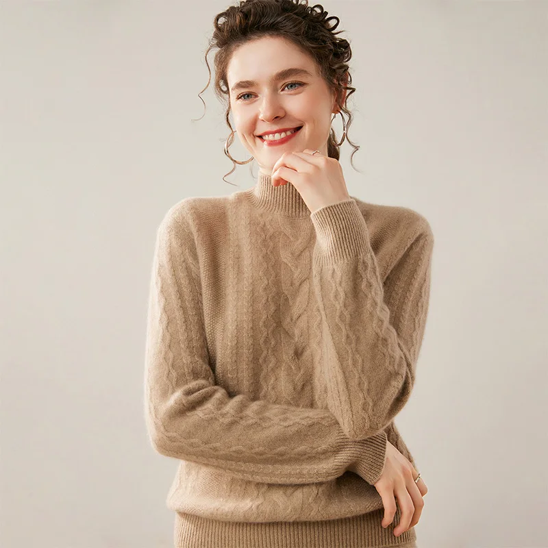

Autumn Winter New Thick Warm 100% Cashmere Pullover Cable Sweater Women's Twist Flower Mock Neck Soft Casual Soild Knitted Tops