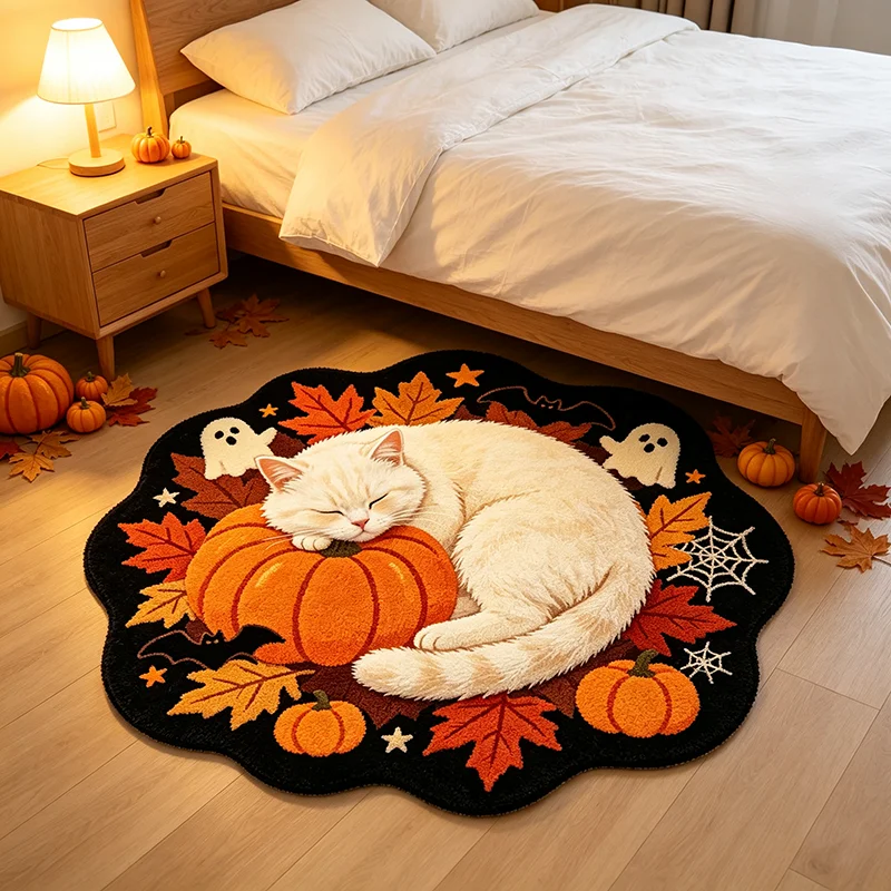 VIKAMA Fluffy Irregular Halloween Carpet Sleeping White Cat Pumpkin Maple Leaf Print Non Slip Rug For Bedside Sofa Entrance