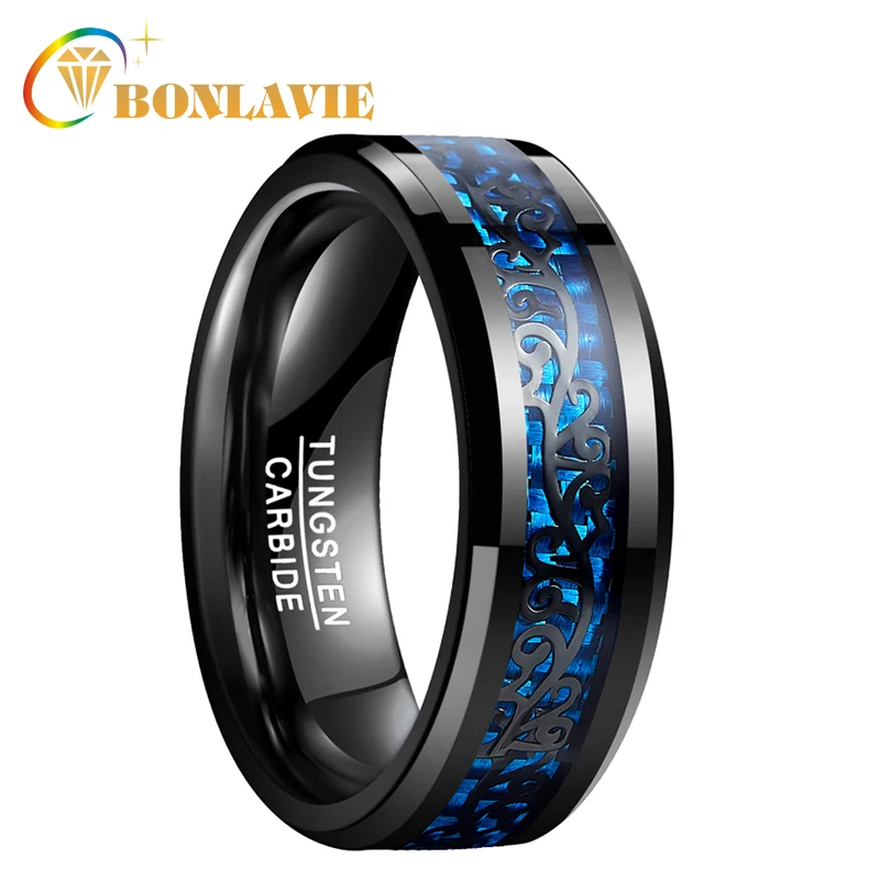 BONLAVIE 8mm Tungsten Carbide Ring Black Vine Blue Carbon Fiber Rings Male Jewelry Anillos Accessories Men Wedding Ring