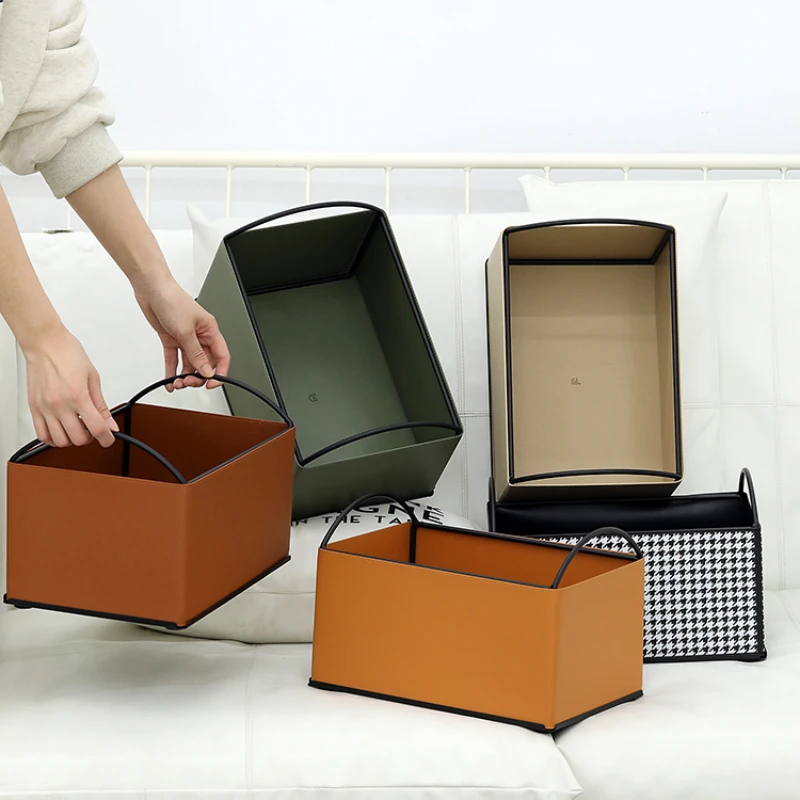 Living room desktop large capacity wrought iron environmental protection leather portable storage basket sundry snacks.