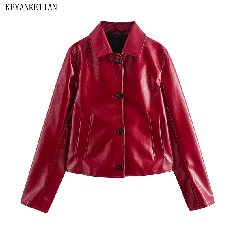 KEYANKETIAN hiver nouvelle veste en cuir artificiel rouge pour femme style Simple col rabattu simple boutonnage ample haut court Blazer