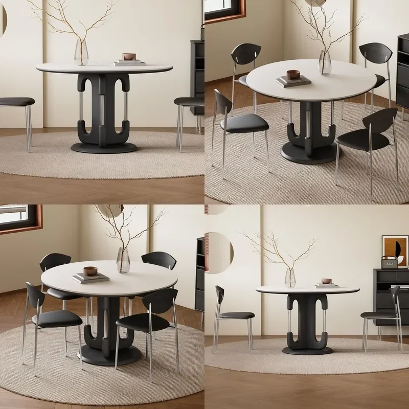 Retractable Round Dining Table Solid Wood with Lazy Susan Rock Slab Top Modern French Style for Small Apartment Home Use