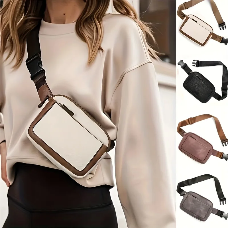 

Simple Multi-Pocket Crossbody Bag With Adjustable Strap, PU Leather Textured Fanny Pack, Portable Versatile Waist Bag