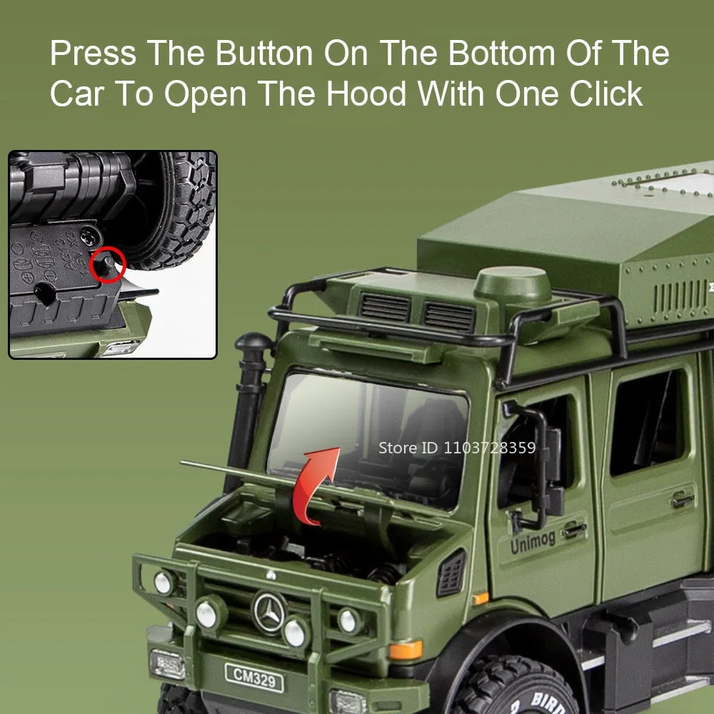 1:28 UNIMOG RV U5000 モデル玩具 ミニカー 合金ダイキャスト オフロード車 サウンドライト ドア開閉 プルバック式 飾り 男の子向けギフト