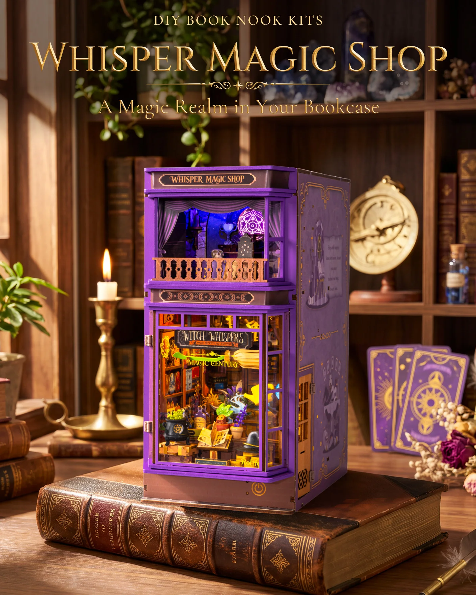 Rolife Whisper Magic Shop Book Nook Kit 185 Pcs Fantasy Booknook DIY Miniature House Kits 3D Wooden Puzzle Dust Cover For Adult