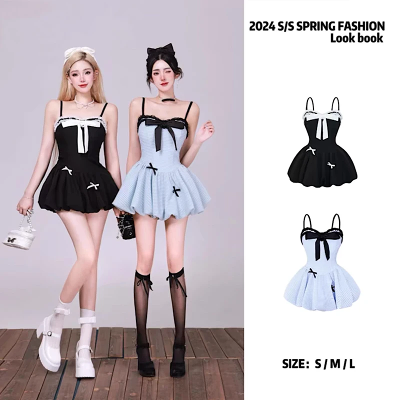 Sweet 2-delige Jurk Set Vrouw Zwart Vest Lange Mouwen Strik Slip Nieuwe Y 2K Mini Jurk Feest Koreaanse Mode Zomer Jurken 2024