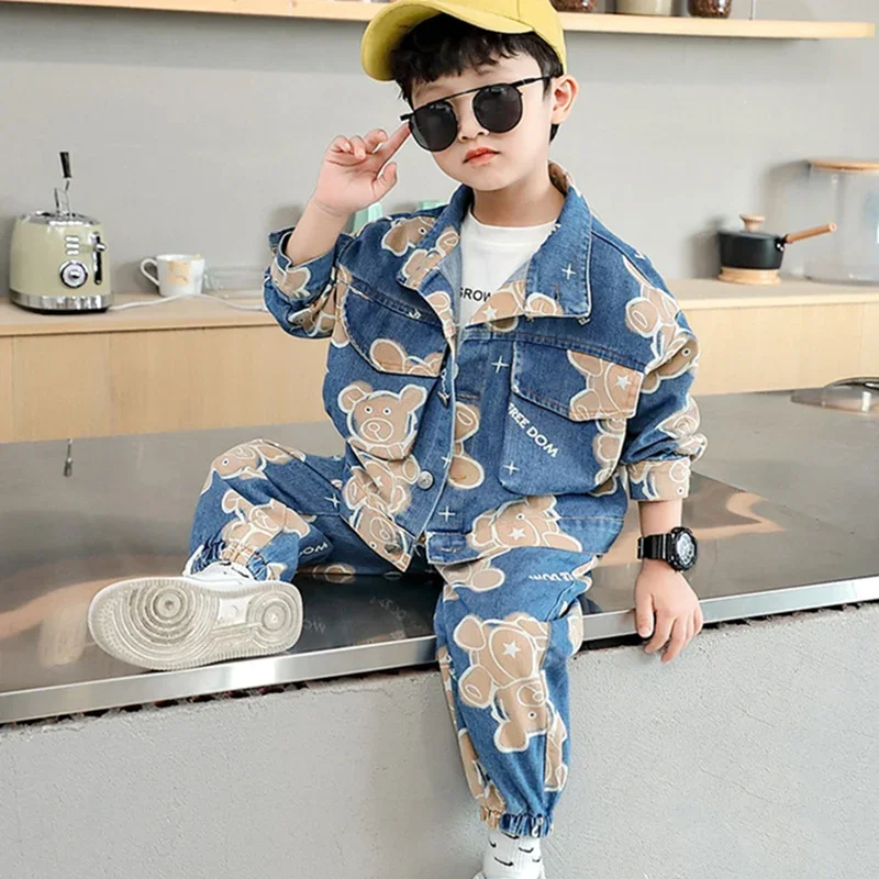 

2025 Jean Spring Autumn Sports Sets School Home Children Clothing Boys Suit Coat+Pants Cotton 2Pcs/Sets
