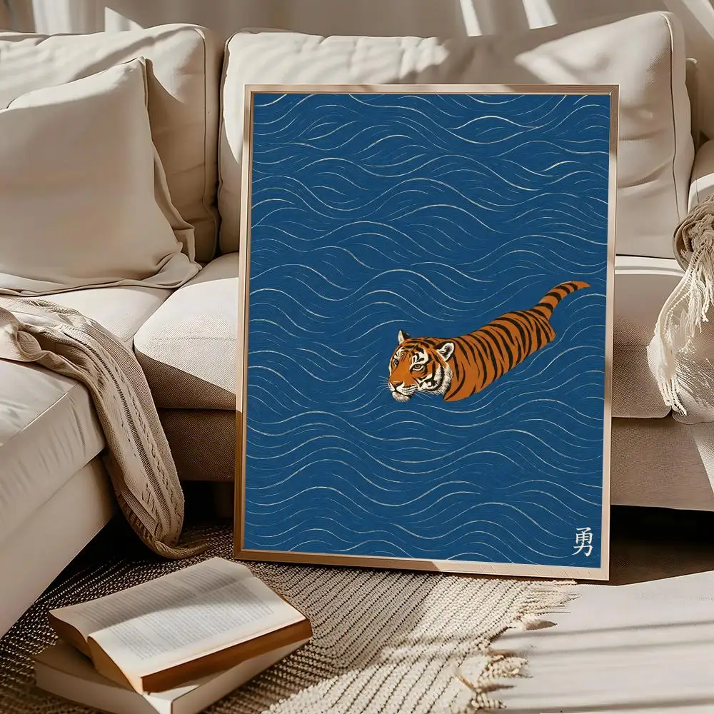 Vintage Ukiyo E Tiger Swimming Wall Art Japanese Animal Poster Minimalist Asian Home Decor Poster