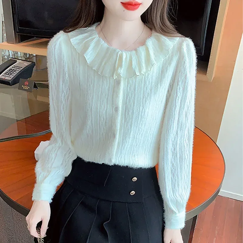 New Doll Collar Lace Women Shirt Long Sleeve Adding Velvet Thickening Shirt Blouse Women Tops Blusa Blusas Camisas De Mujer M594