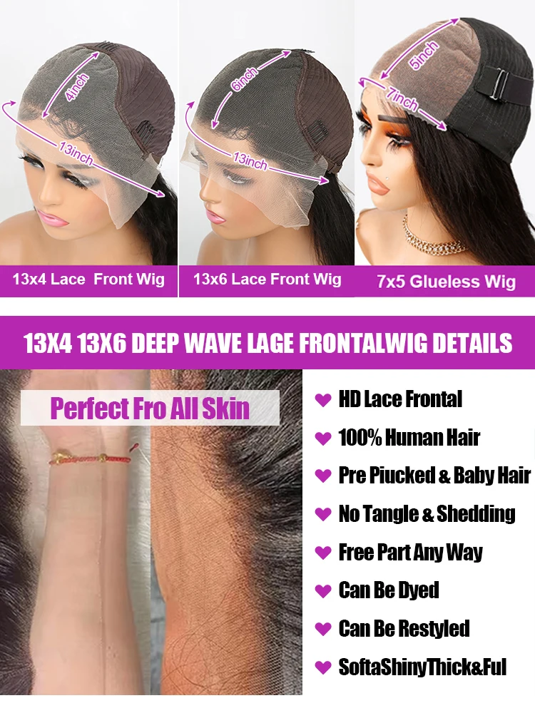 40 50 Inch Deep Wave Wig 13x4 13x6 HD Lace Frontal Human Hair Wigs Water Curly Human Hair Lace Front Wig For Women 250% Density