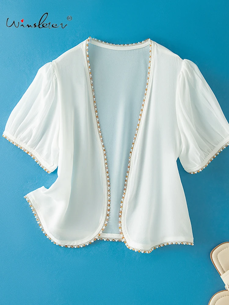 

Winsleter-Women 100%Real Silk Elegant Sunscreen Tops, Short Sleeve Beading, Versatile Loose Sunshade Coat, 2025 Summer C55401CC