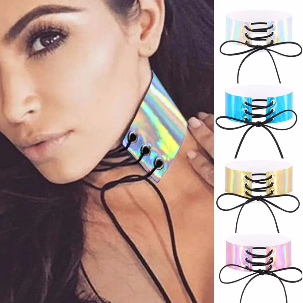 Lace up chokers necklaces for women Holographic choker gothic Wide Chocker Corset PU Leather neck jewelry