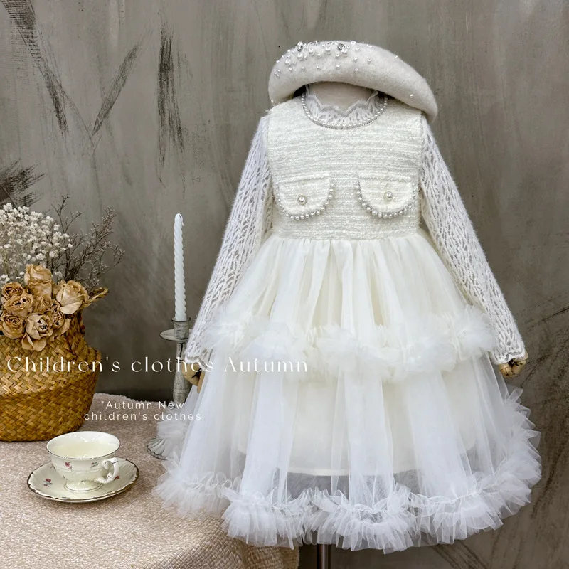 

Girls' Dress2025Autumn New Sweet Set Baby Girl Waist Cinching Puffy Skirt Birthday Dress