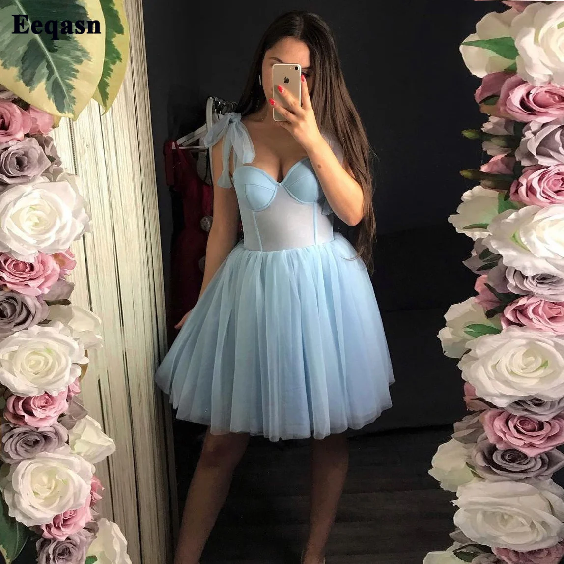 

Eeqasn A Line Sky Bue Mini Prom Dresses Tied Spaghetti Strap Transparent Bodice Formal Homecoming Gowns Graduation Party Dress