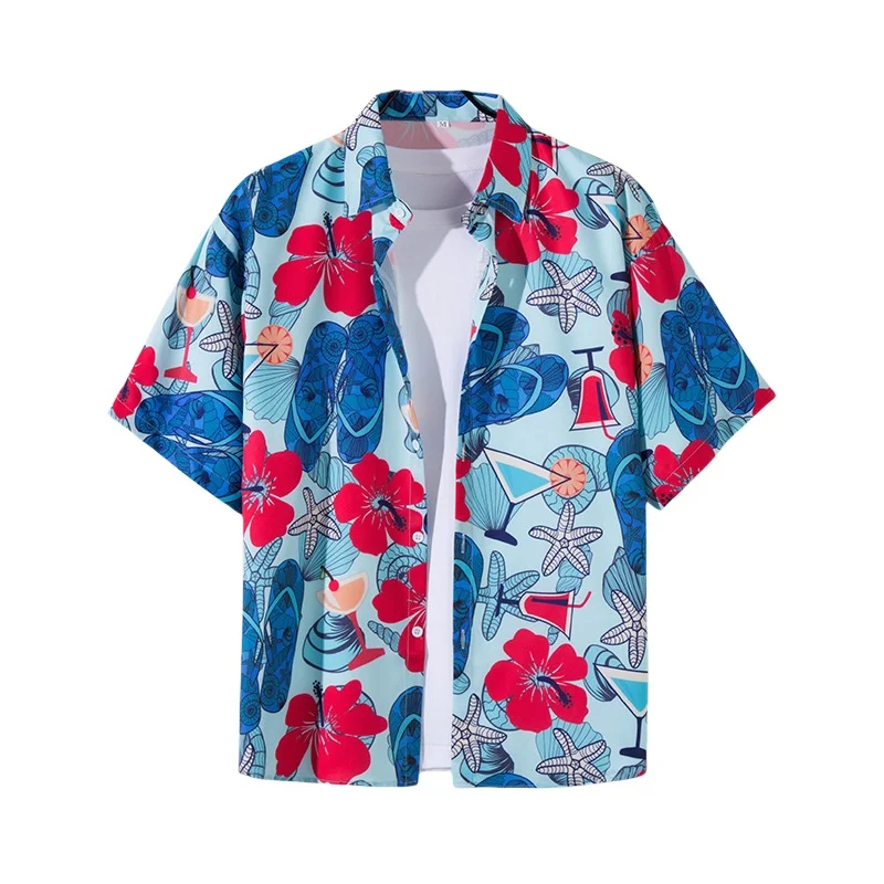 Men's Summer Retro Travel Seaside Vacation Short Sleeve Floral Shirt Loose Casual Handsome Hawaiian Beach Flower Shirt Jacket